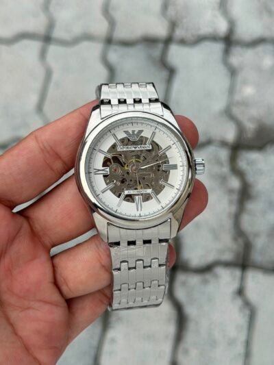 Emporio Armani Automatic Skeleton White Dial Stainless Steel Watch