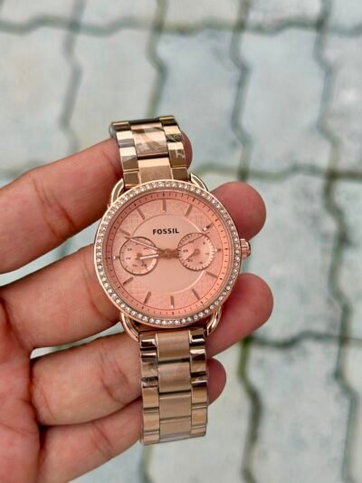 Fossil Women's Rose Gold Multifunction Crystal Bezel Pink Dial Watch