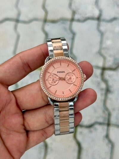 Fossil Women's Two-Tone Multifunction Crystal Bezel Pink Dial Watch