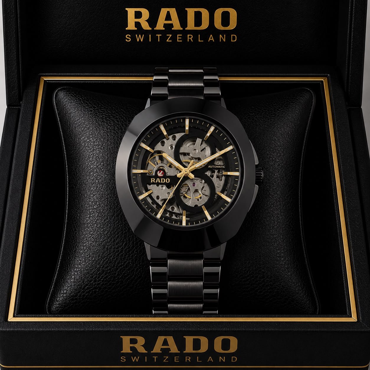 Rado DiaStar Skeleton Full Black Gold Hands Men's Watch