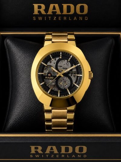 Rado DiaStar Skeleton Black Dial Gold Strap Men's Watch