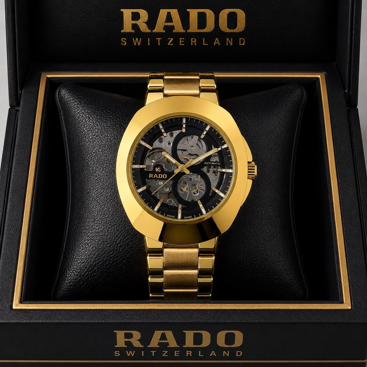 Rado DiaStar Skeleton Black Dial Gold Strap Men's Watch