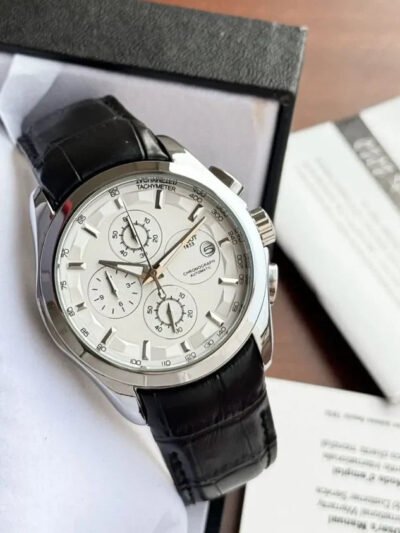 Tissot Chronograph Silver Bezel Black Leather Strap Watch For Men